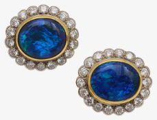 A pair of 18ct gold, black opal and diamond set earrings