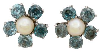 A pair of blue zircon and cultured pearl earrings