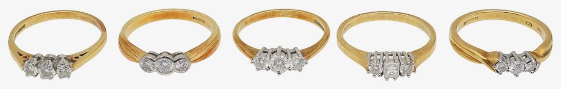 Five three stone diamond and 18ct gold ring