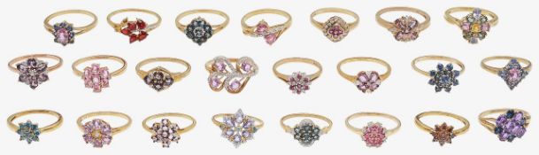 A collection of 9ct gold, multi-gem set cluster rings
