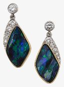 A pair of black opal and diamond ear-pendants