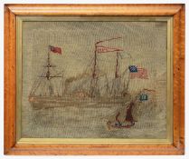A mid 19th century needlework tapestry of a paddle steamer