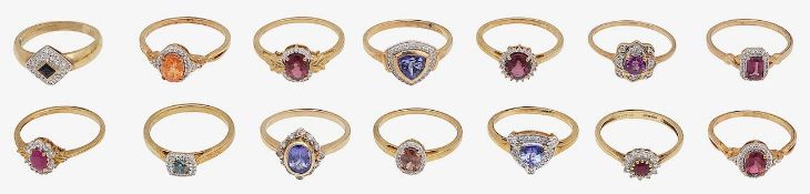 A collection of 9ct gold cluster rings