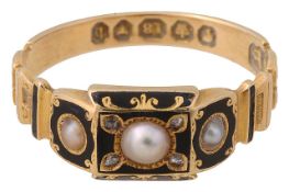 A mid Victorian pearl and enamel mourning ring