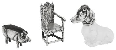 Edwardian pig pin cushion +Italian silver and glass dog pepper pot