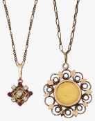 A diamond and ruby geometric pendant and a 22ct coin pendant