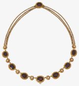 An early/mid 19th garnet, half pearl and yellow gold necklace