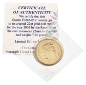 United Kingdom. Royal Mint Elizabeth II 2001 gold sovereign