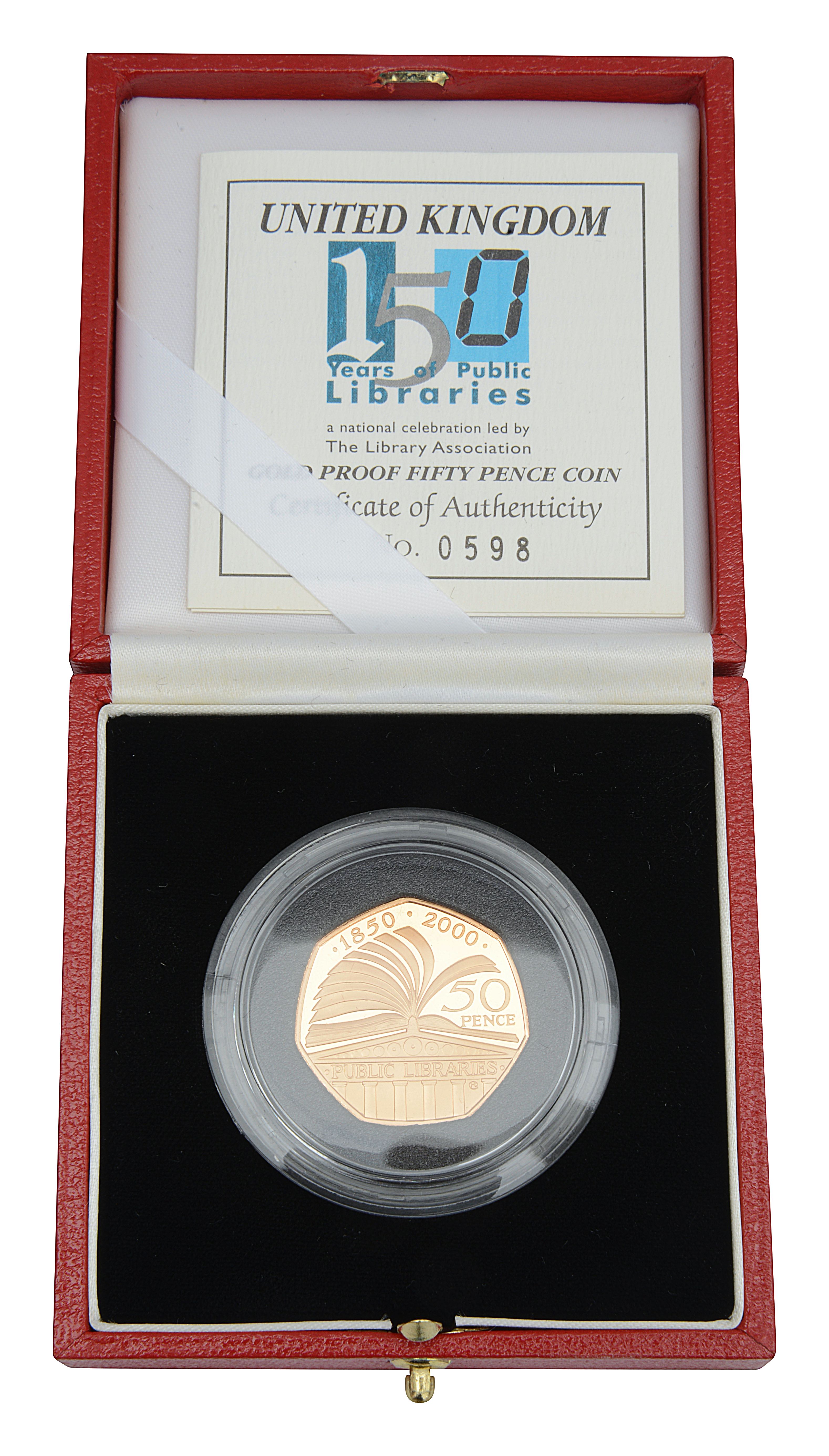 Mint Elizabeth II 2000 gold proof 50p coin 150 Years of Public Libraries