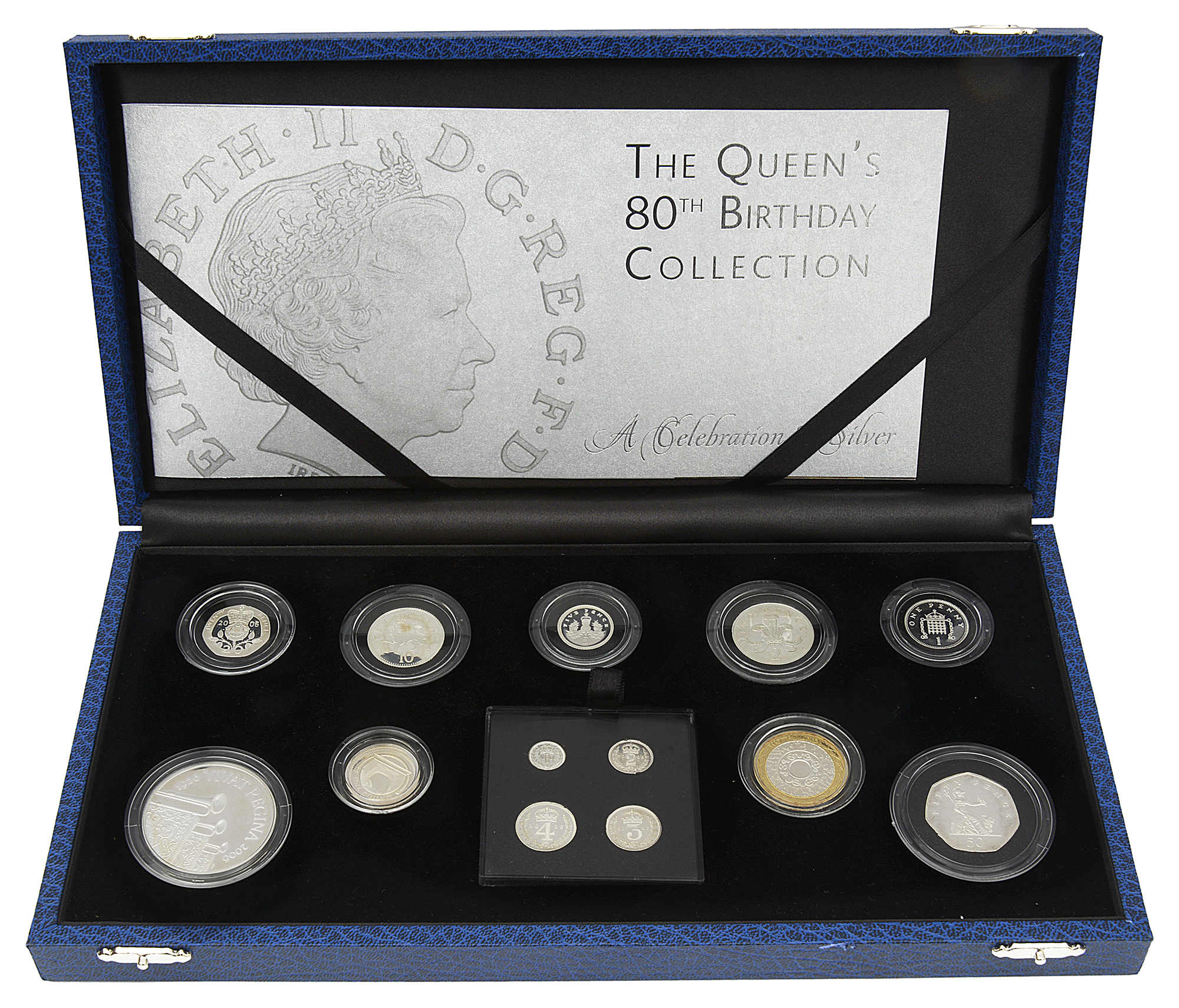 Elizabeth II 2006 thirteen-coin silver proof set The Queens 80th Birthday Collection