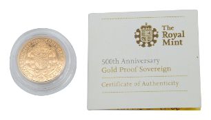 United Kingdom. Royal Mint Elizabeth II 1989 gold proof sovereign 500th Anniversary