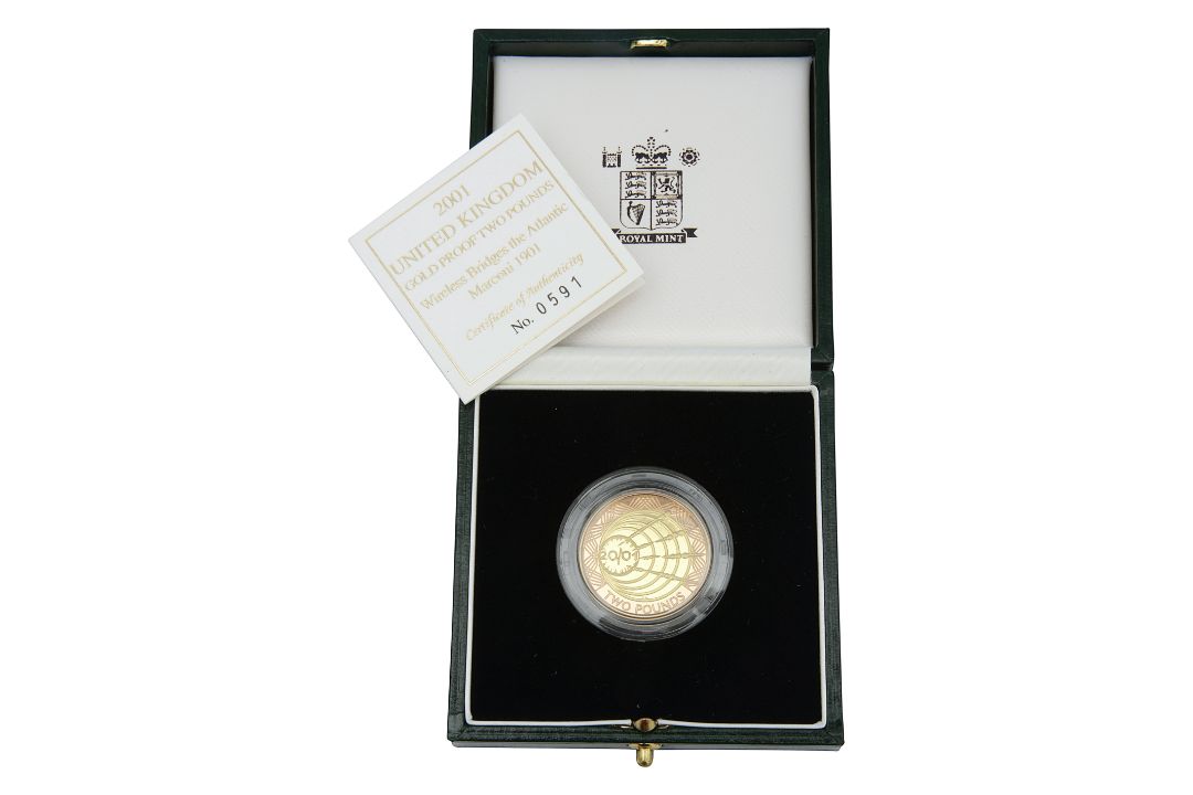 Elizabeth II 2001 gold proof £2 coin Marconi 1901 - Wireless Bridges the Atlantic