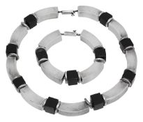 A Mexican silver & onyx necklace & matching bracelet