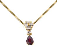 A ruby drop and diamond baguette necklace in 18ct yellow gold