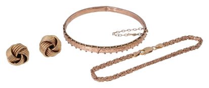 A 9ct Byzantine rose gold bracelet, gold knot earring and bangle