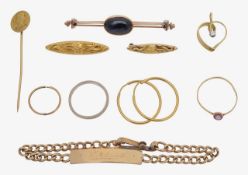 A small collection of mixed gold including brooch, pendant and bib pins