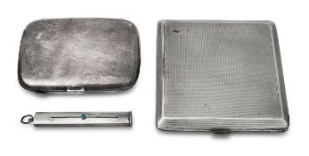 A George V silver cigarette case, a pencil holder and a plated cigarette case