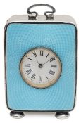A George V silver and pale blue guilloche enamel carriage timepiece