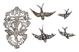 Five 19th century paste avian brooches