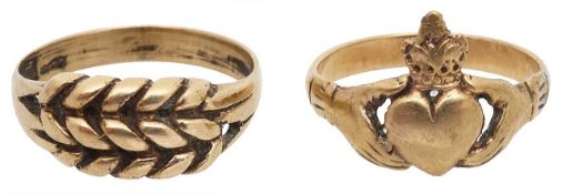 A 9ct keeper ring and a claddagh ring