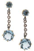 A pair of aquamarine and diamond-set ear pendants