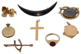 An onyx crescent moon brooch with diamond set star, 9ct signet ring, and an assortment of charms and