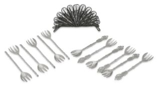 Two sets of six Cypriot silver dessert forks and filigree napkin holder