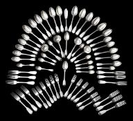 Early Victorian silver fiddle + thread pattern twelve setting flatware