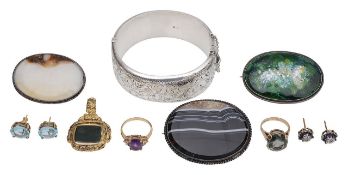 A silver cuff, aqua studs, sapphire studs, three brooch, a fob and 2 rings