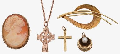 A 9ct cross necklace, a cross, oyster charm, cameo and wave brooch