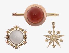 A moonstone brooch, a seed pearl star pendant and a cornelian brooch