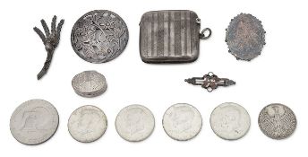 A George V silver vesta case, a silver brooch by Sarah Jones etc.