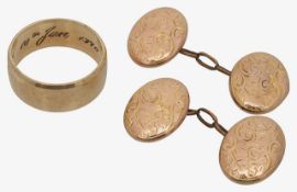 A pair of gold Victorian button oval cufflinks 1896 together with a plain gold band