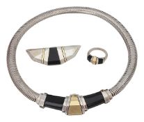 A 1980s Cartier 18K gold, silver and onyx brooch, necklace and ring suite