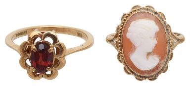 A 9ct cameo ring, 9ct garnet ring and an oval amethyst ring