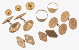 A collection of 9ct cufflinks along with dress studs and two signet ring