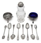 A George III silver mounted cut glass sugar caster and other items