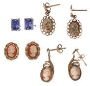 A pair of oval and diamond drop earrings, two pairs of cameo 9ct yellow gold drop and and tanzanite