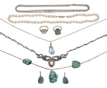 A turquoise matrix necklace, turquoise ring, opal ring and other costume