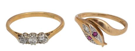 A 9ct gold Snake ring & three stone ring 18ct