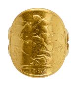 An Edward VII Sovereign set to a 22ct gold ring