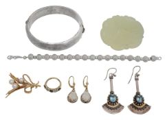 A 9ct floral brooch, jade pendant, quartz drops, gem ring and three more