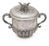 An Edwardian silver twin handled porringer and cover in Charles II style