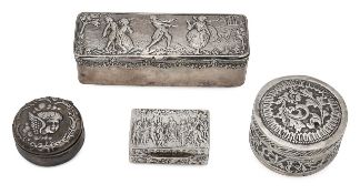 A German Hanau silver snuff box, two pill boxes and an Indian Cutch box