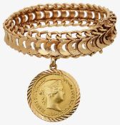 An 18ct Spanish gold textured triple link bracelet with charm