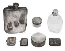 A Victorian silver mounted glass hip flask and other silver