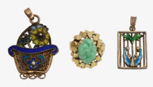 A jade flower ring with two silver and enamel pendants