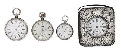 Three silver pocket watches and another in a travel case