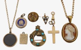 A Victorian turquoise buckle brooch and seed pearl diamond plus six more