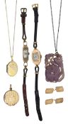 A piece of carved purple jade, a pair of 9ct cufflinks a 9ct locket with two 9ct cased dress watches
